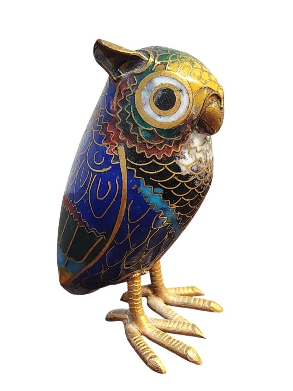 Vintage Cloisonné Enamel Owl Bird Figurine Bright Color Gold Wirework, 2"